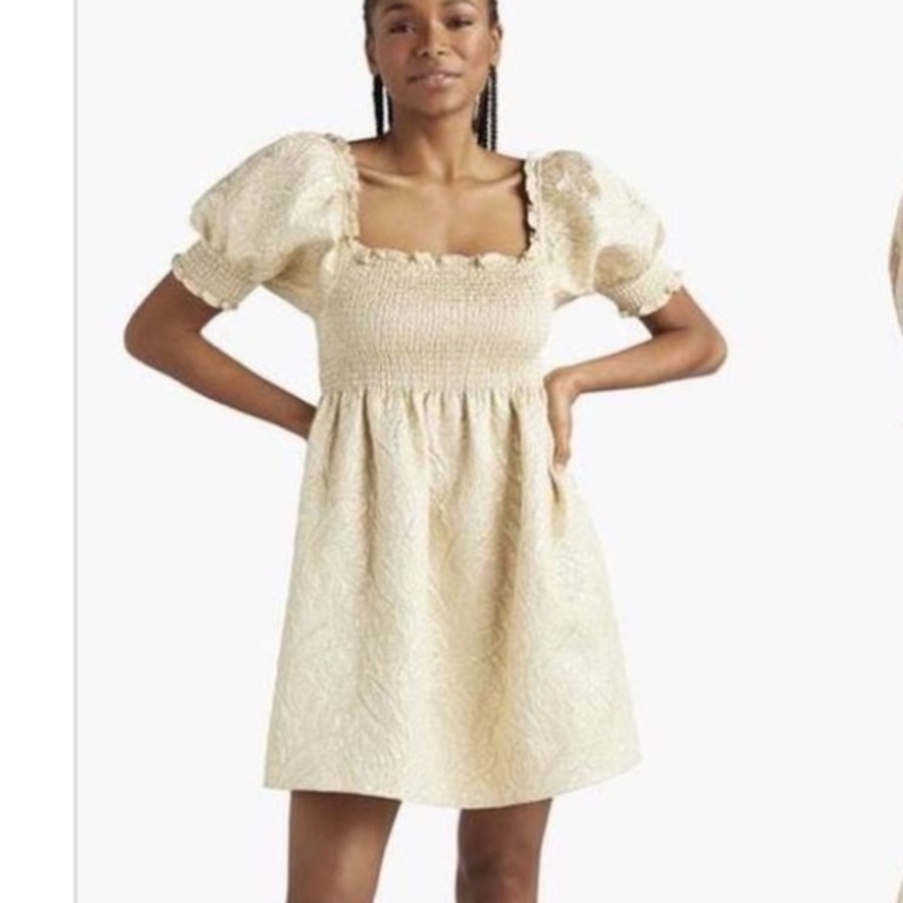 Hill House Mini Dress in Light Cream Brocade